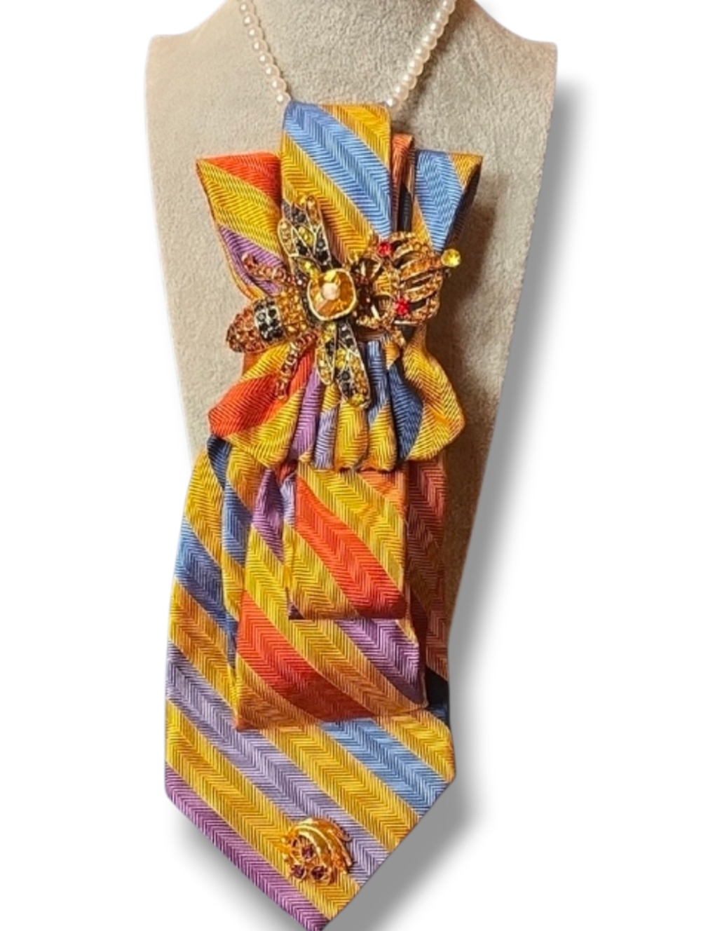 3/$60 Vibrant Multicolor Striped Folded Cravat  with Jeweled Bee Brooch Accent
